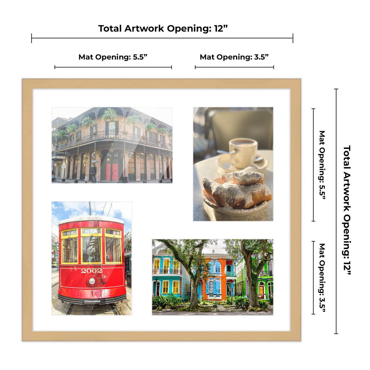 Natural Finish Collage Frame - White Mat, 20 Frame Sizes to Choose From, UV Acrylic, Wall Hanging Hardware, Vertical or Horizontal Display